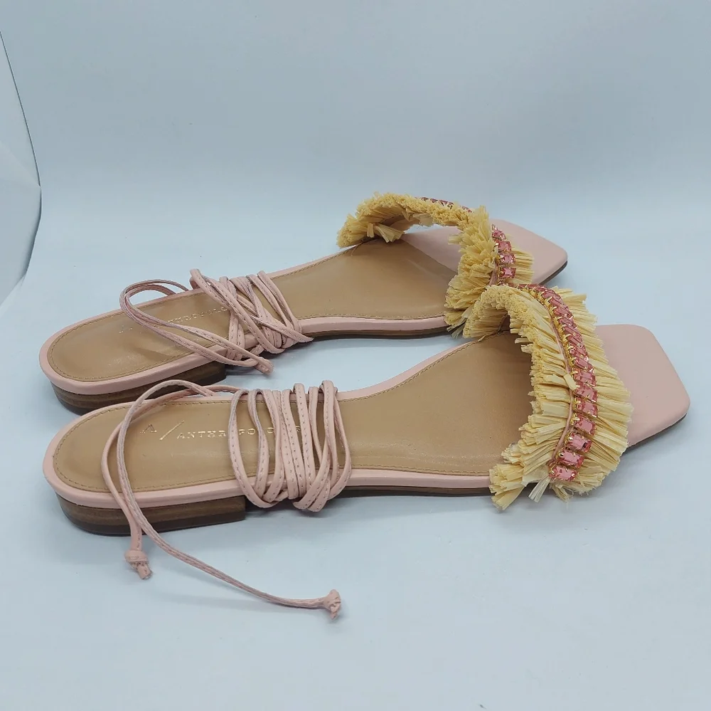 Anthropologie Embellished Tie Up Pink/Rose Raffia Square Toe Sandals Sz 39 US8.5